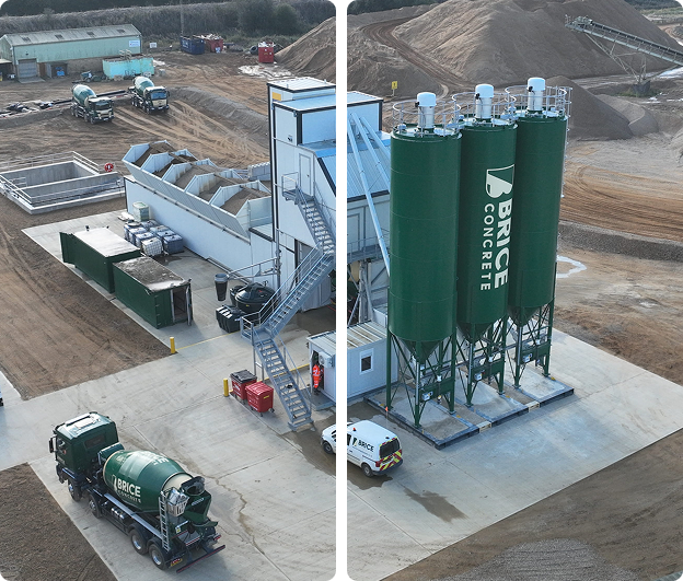 Brice Aggregates yard with mixer truck and silos